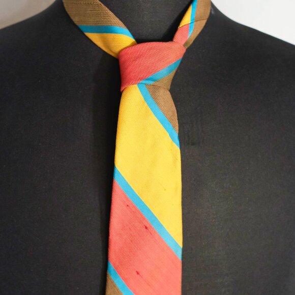 Christian Dior Vintage Yellow, Brown & Red w Blue Digaonal Stripe Silk Neck tie - Picture 2 of 7